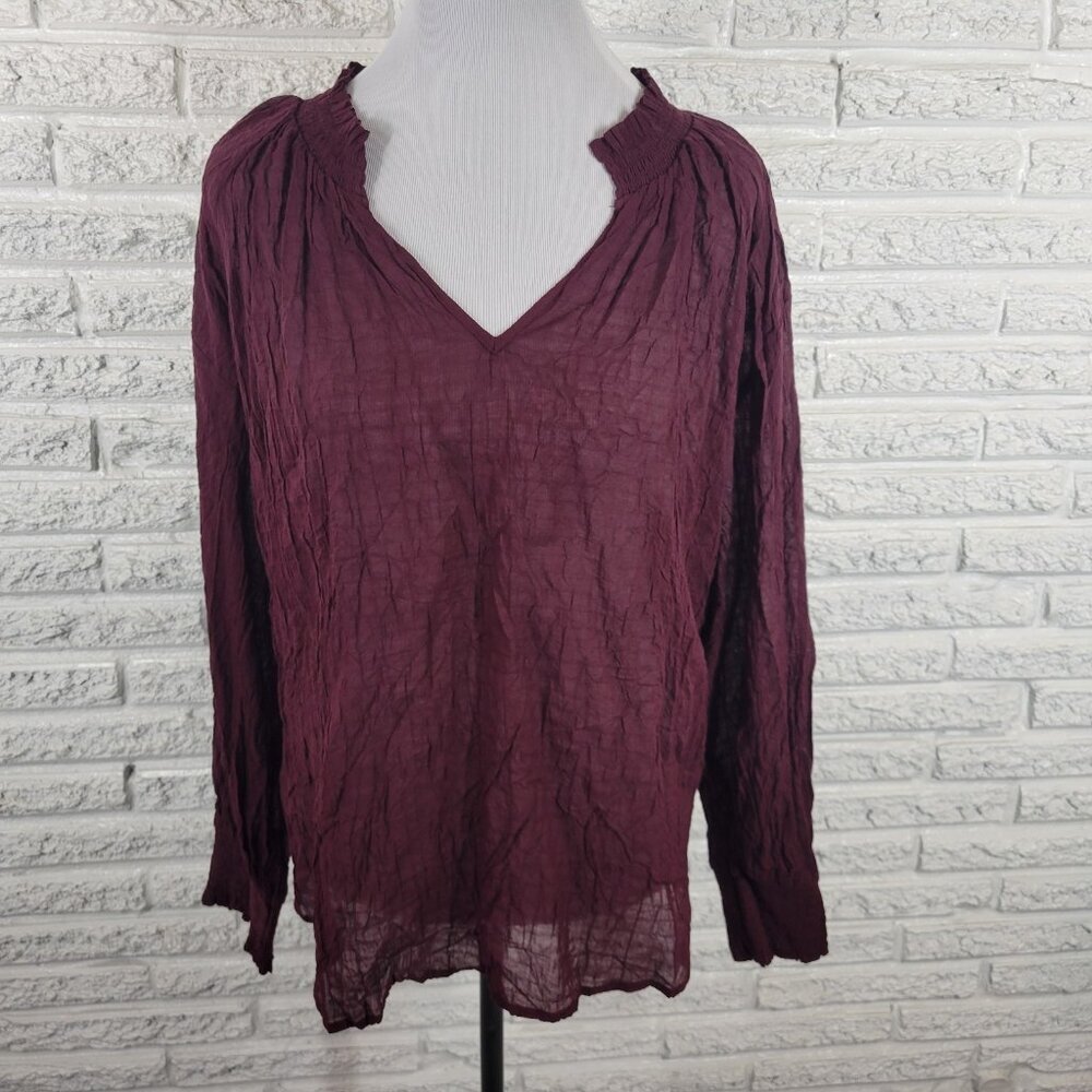 ANA Burgundy Frilly V-Neck Blouse 1X Plus Pullover Sheer Long Sleeve BUR1E